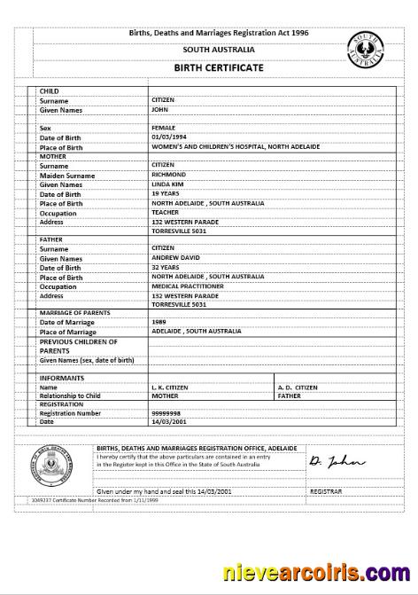 Australia South Australia birth certificate version 2